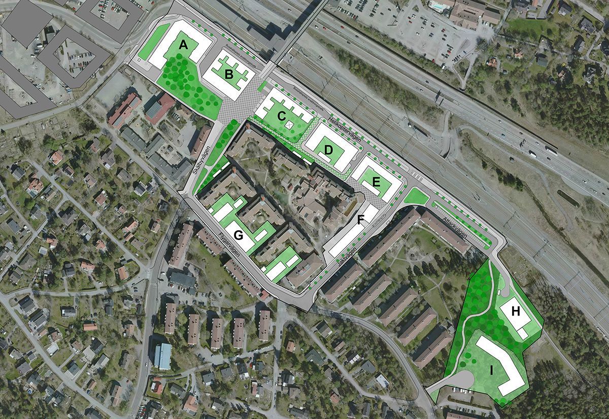 Bilden föreställer en illustrationsplan på ett flygfoto över Barkarby centrum, kvarter och allmän plats inom detaljplanen är inritade.