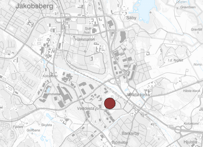 Bilden föreställer en tätortskarta där planområdet för Veddesta 5A är utpekat med en röd cirkel