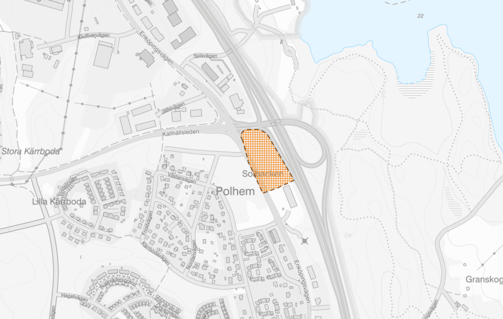 Bild som visar tätortskarta där planområdet är markerat med ett orange område i kartan.