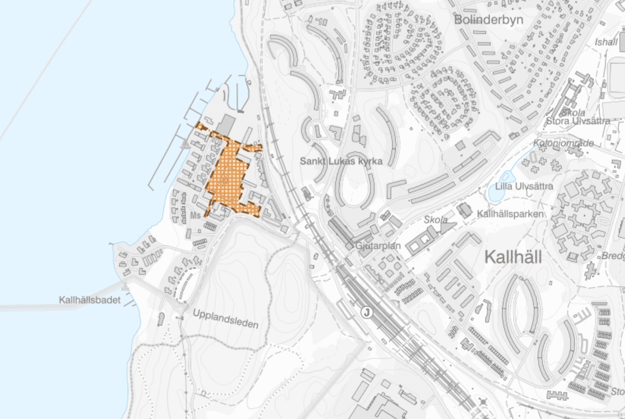 Bilden föreställer en tätortskarta där planområdet är inringat i orange.