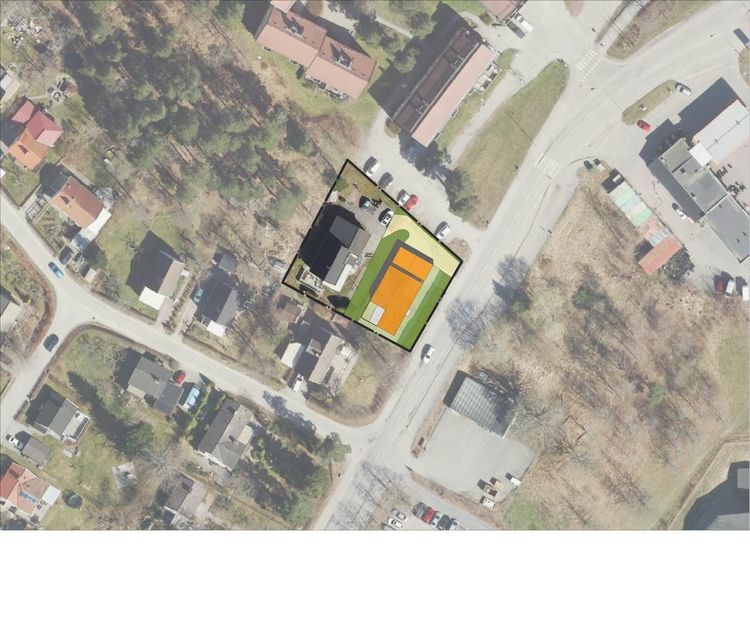 Bild som visar ett nytt bostadshus på en avstyckad del av stamfastigheten