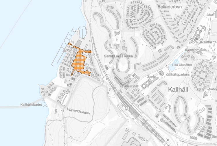 Bilden föreställer en tätortskarta där planområdet är inringat i orange.